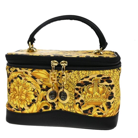 GIANNI VERSACE Logo Sun Vanity Hand Bag PVC Leather Black Gold - Picture 1 of 16